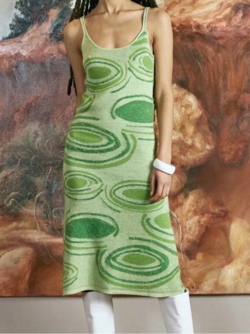 House Of Sunny retro mod Green Swirl Knit midi column Dress fuzzy 2 XS
